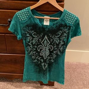Vocal rhinestone shirt. Size Small. Green.